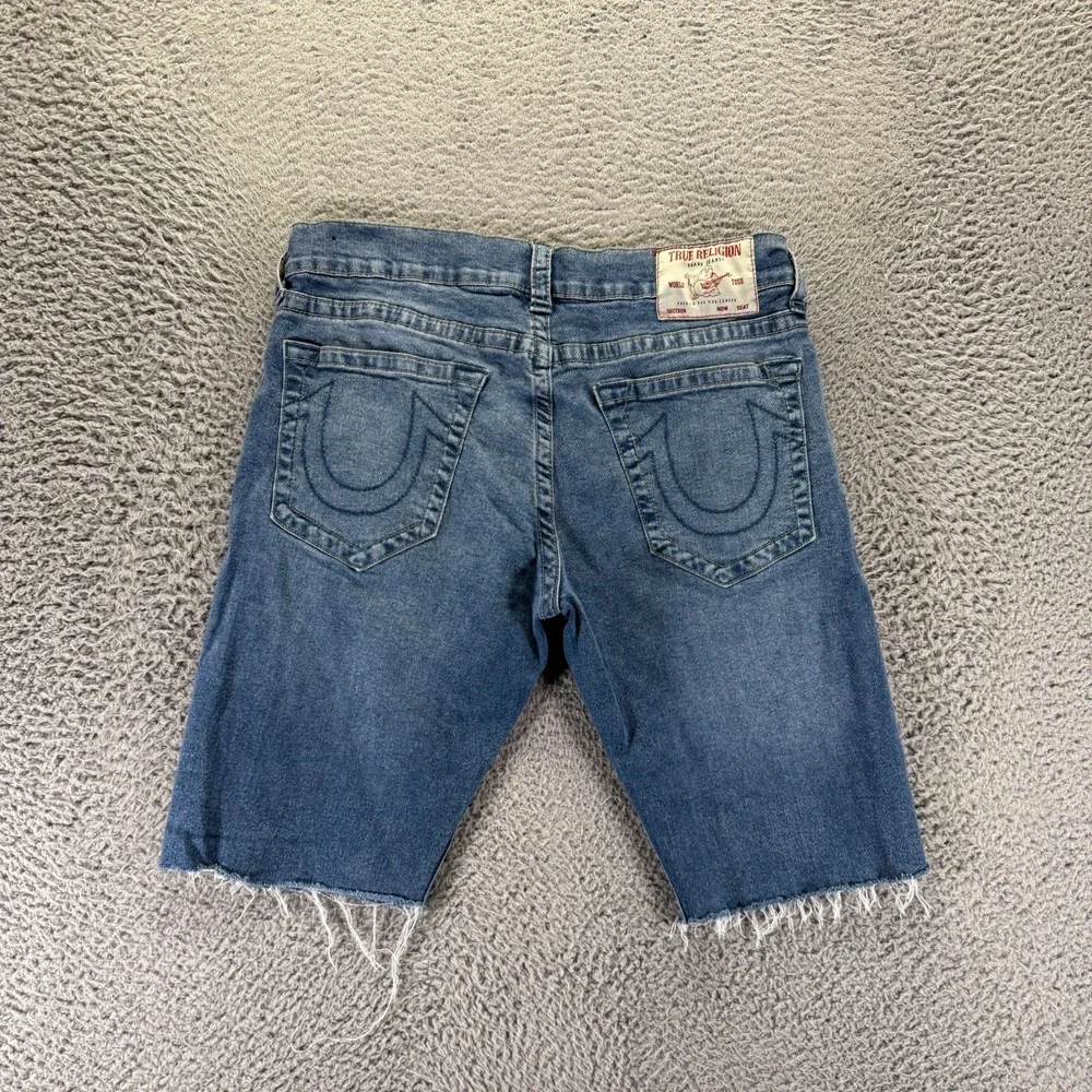 True Religion Ricky Shorts Mens 34 Blue Cotton Denim Bermuda Relaxed Fit Raw Hem